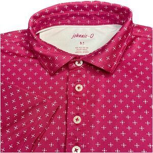 Johnnie-O Polo Mens Sz Medium Pink  And White Geometric Shirt Performance Preppy
